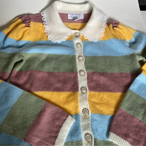 So It Is Striped Cardigan Pearl Buttons Lace Lined Collar Size S - Picture 6 of 11